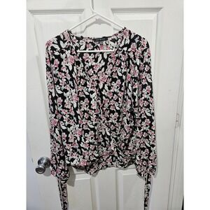 Lily Black Floral Surplice Blouse Pink Black Long Sleeve Wrap Top XL IL247277B96